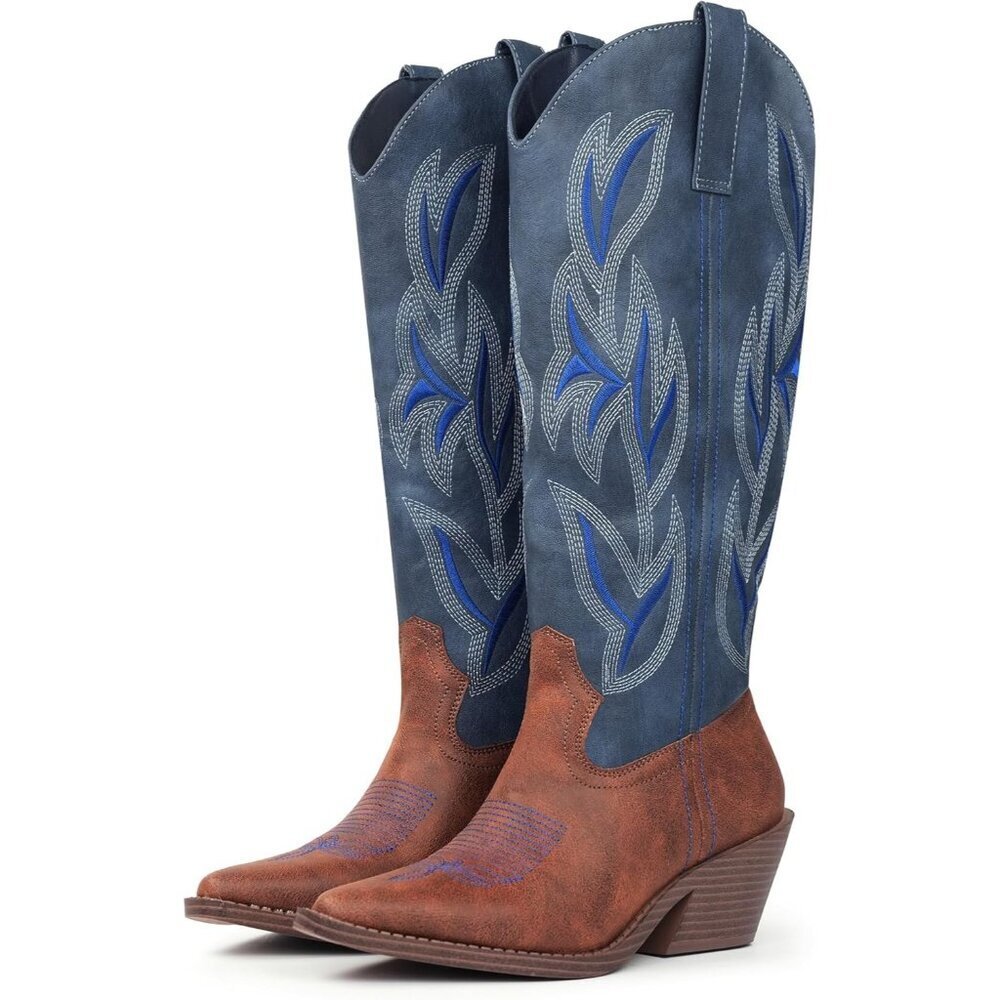 Women's Blue Knee High Snip Toe Faux Leather Classic Embroidered Western Boots